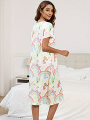 Cartoon Bear Print Lounge Dresses & Comfy Short Sleeve Home Dress