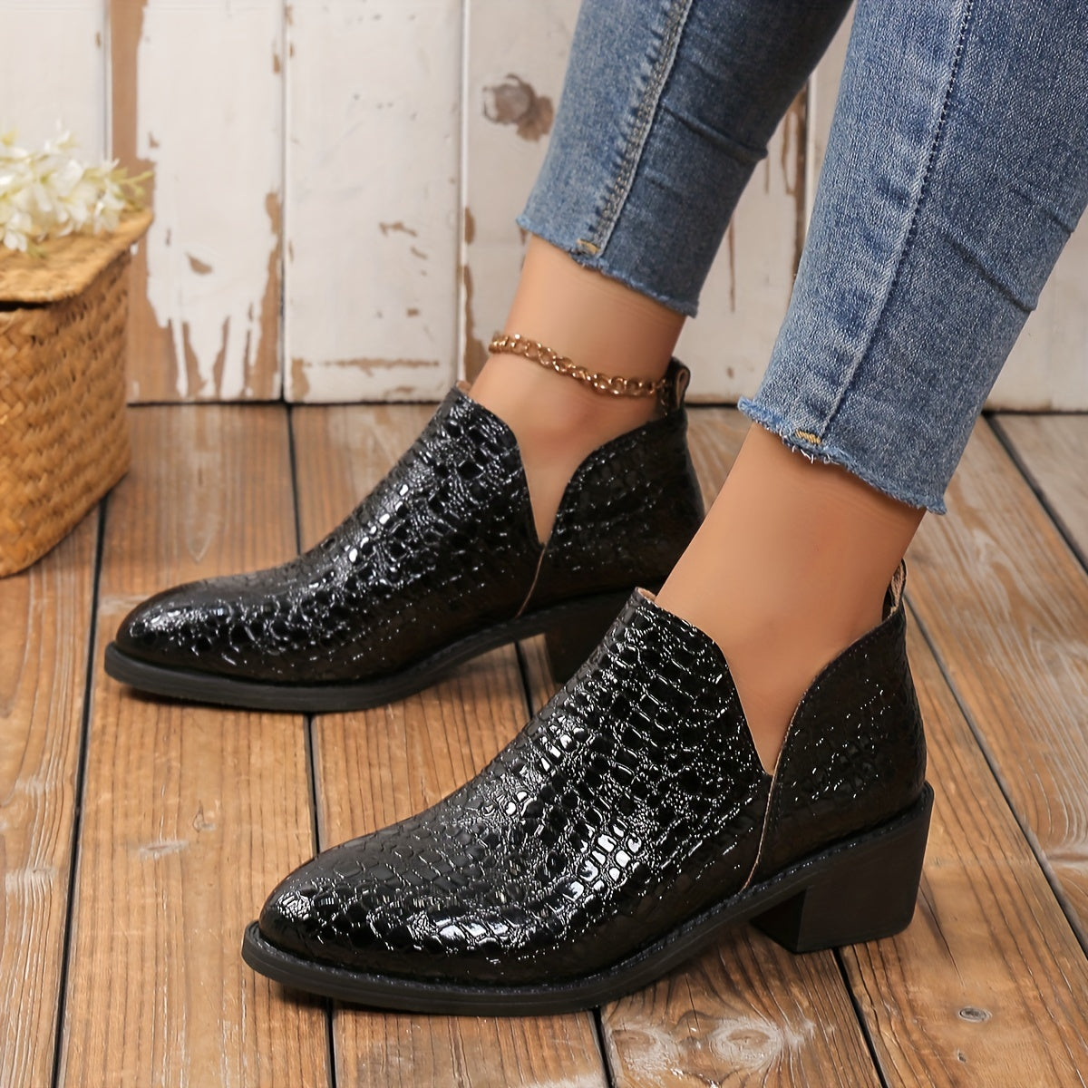 Women's Leather Slip On Chunky Heel Brogue Shoes