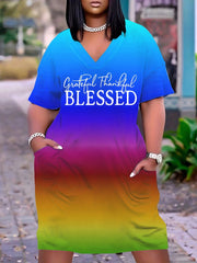 Women's Ombre & Letter Print V Neck Dress With Pockets