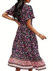 Boho Floral Print V Neck Dress Casual Short Sleeve Dress