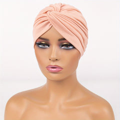 Cross Knot Pleated Turban Cap Solid Head Wrap Elastic Head Scarf