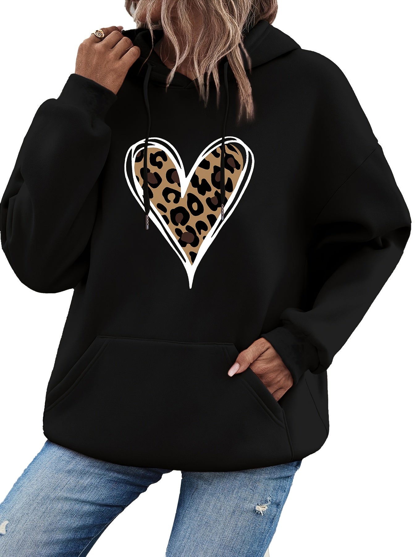 Heart Print Kangaroo Pocket Hoodie Long Sleeve Hoodies Sweatshirt