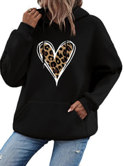 Heart Print Kangaroo Pocket Hoodie Long Sleeve Hoodies Sweatshirt
