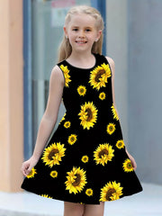 Girls Sunflower Print Sleeveless Loose Fit Summer Dress