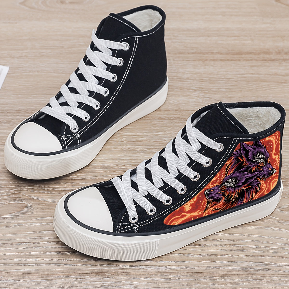 Wolf Print Plush Lined Thermal Chunky Canvas Sneakers