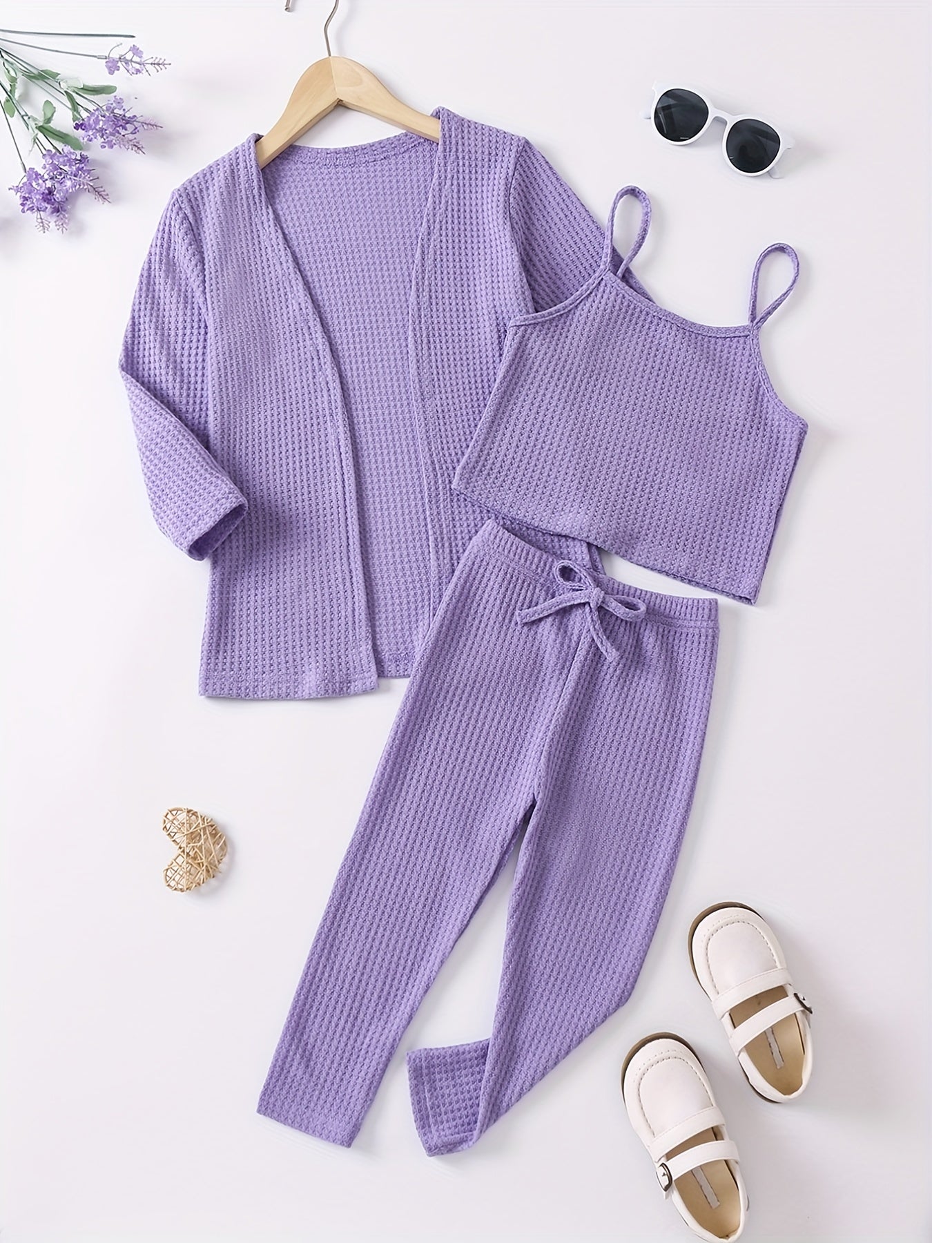 Girl's Waffle Pattern 2pcs Cami Top & Cardigan & Pants Set