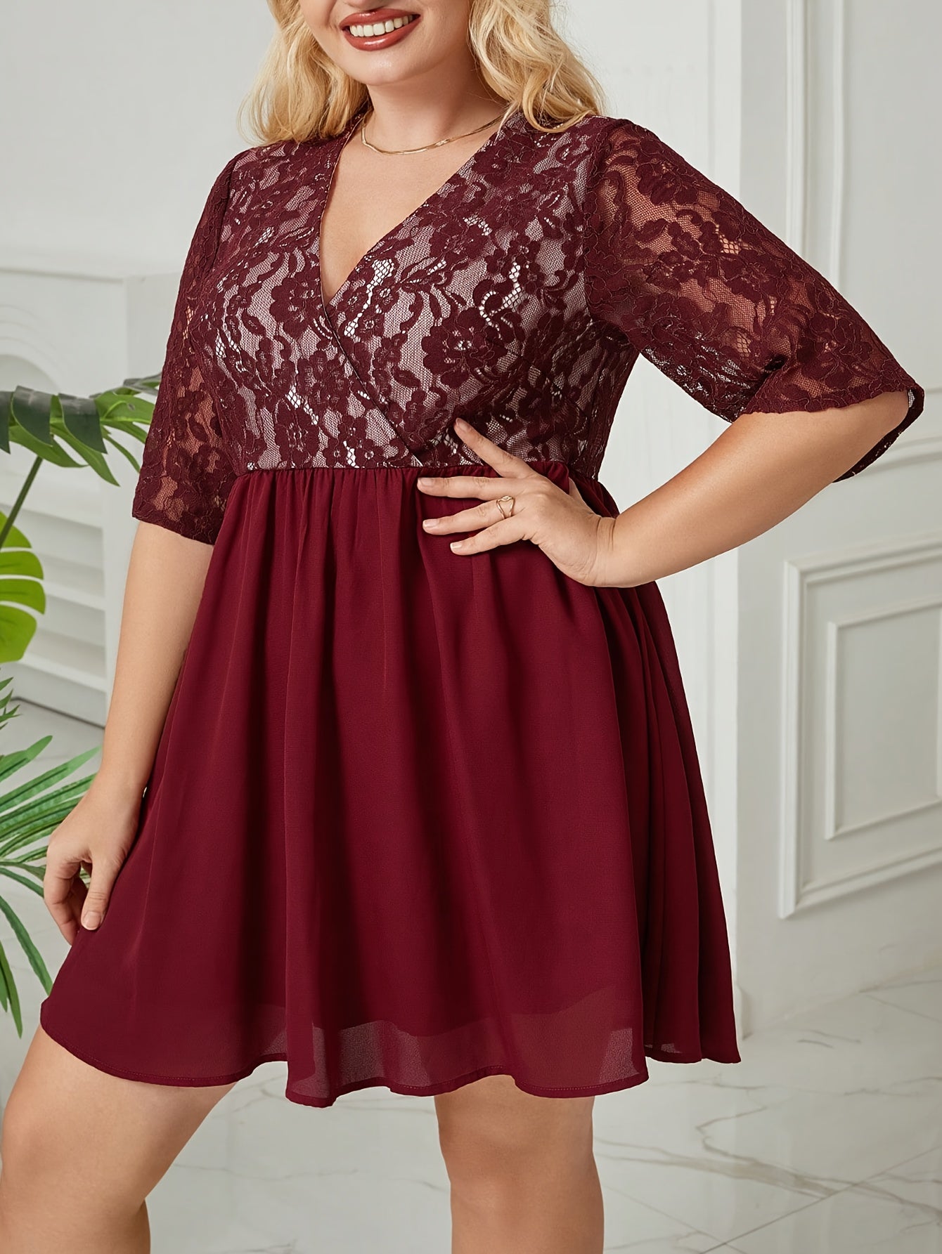 Solid Contrast Lace Mini Dress