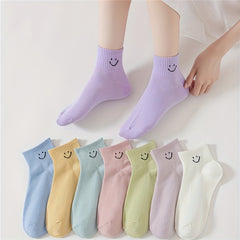 8 Pairs Smiling Face Print Socks Comfy Crew Short Socks Women's Stockings