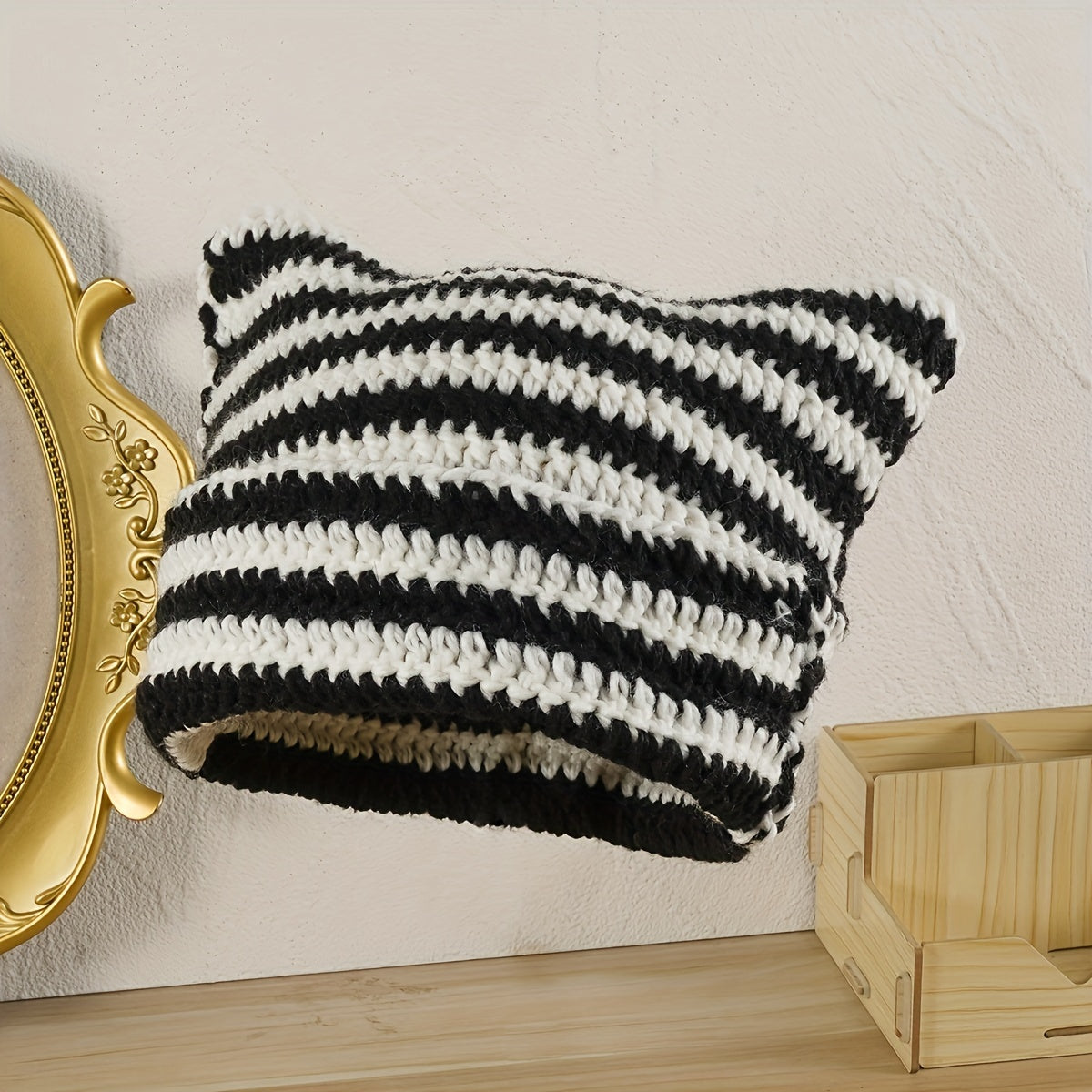 Striped Knitted Beanie Hat Cat Ears Pullover Hat For Men And Women