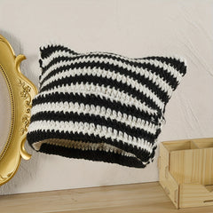 Striped Knitted Beanie Hat Cat Ears Pullover Hat For Men And Women