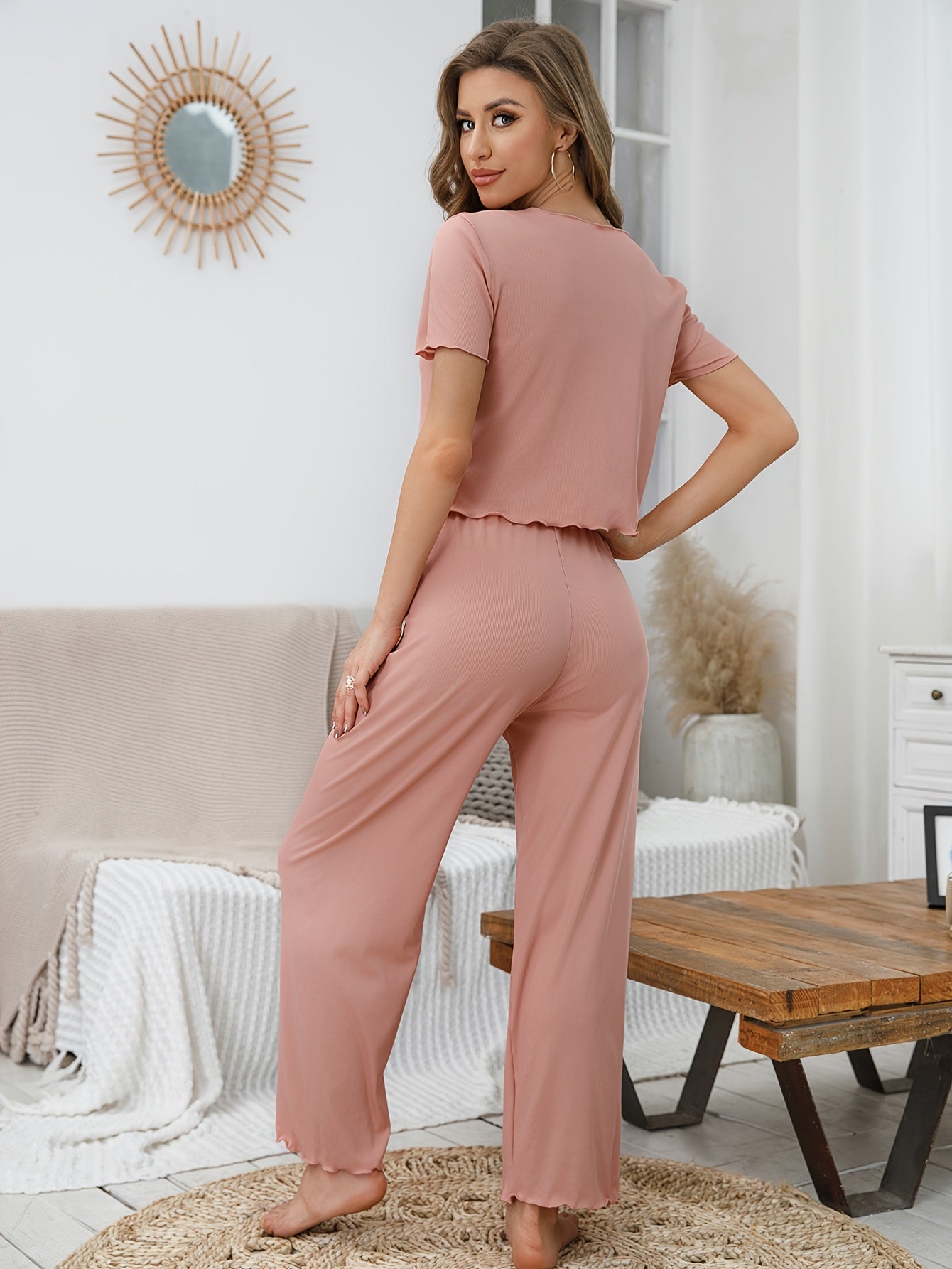 Solid Lounge Set Top & Pants Women's Sleepwear