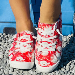 Christmas Canvas Shoes Round Toe Lace Up Flat Women's Shoes