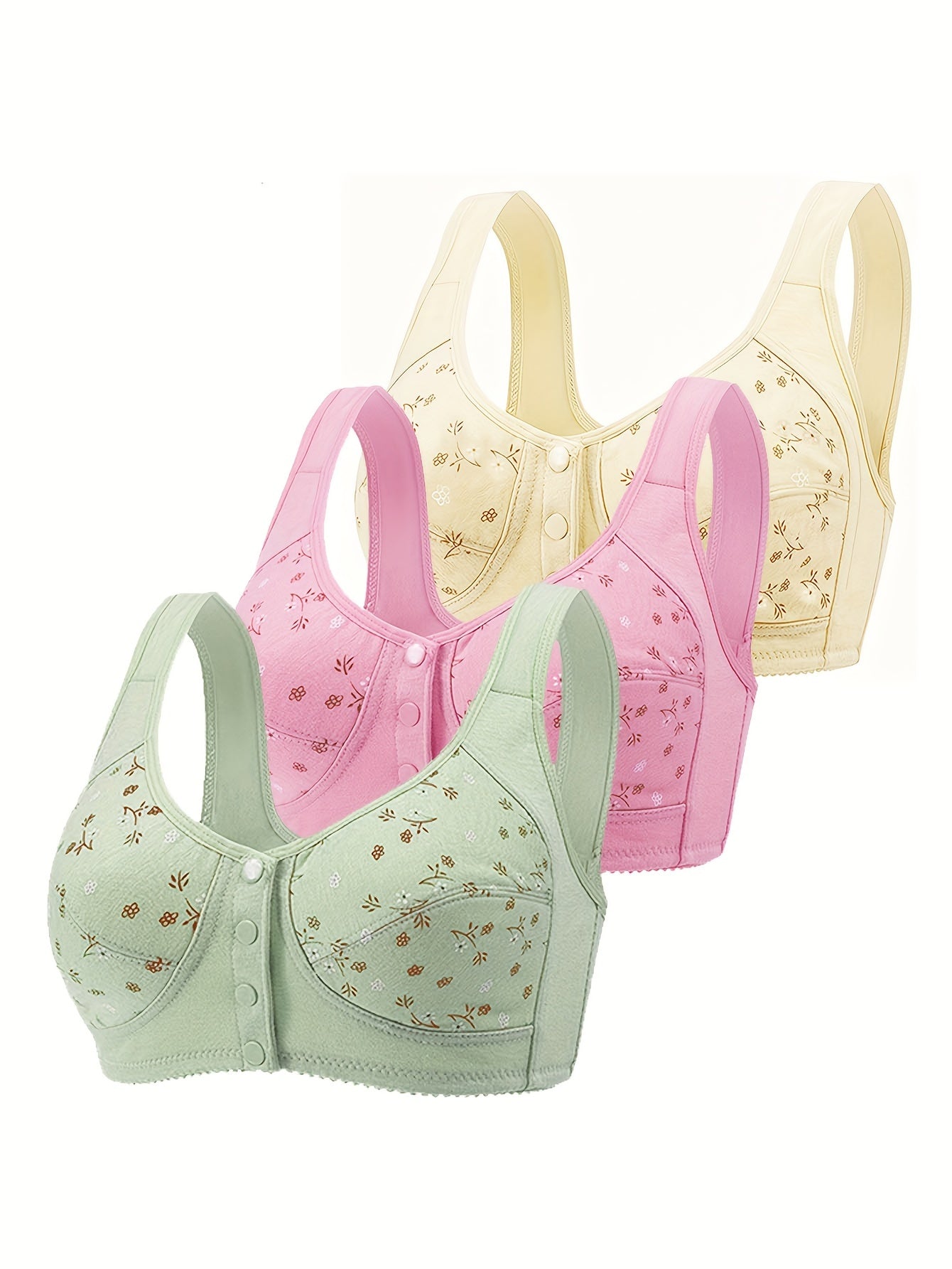 3 Floral Wireless Bras Front Buckle Comfy Lingerie