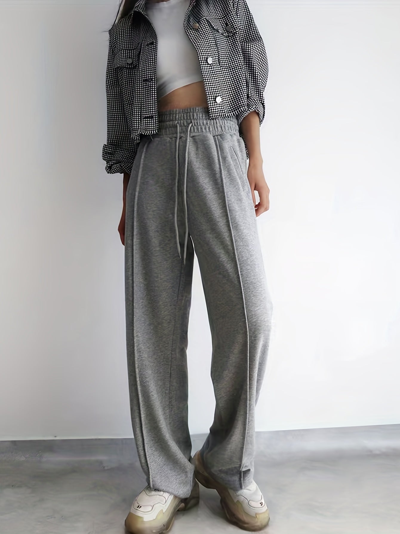 Solid Drawstring Wide Leg Pants Casual Elastic Waist Long Length
