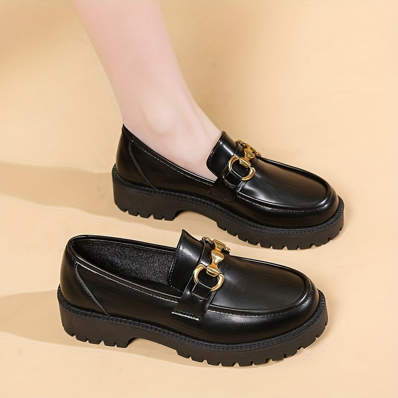 British Style Metal Decor Loafers Slip On Chunky Heel Shoes
