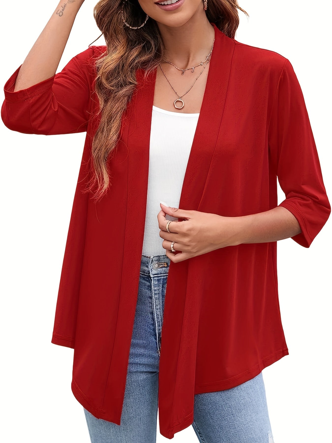 Solid Open Front Draped Cardigan 3/4 Sleeve Casual Cardigan