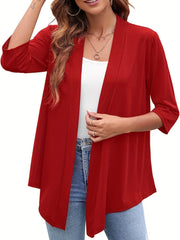 Solid Open Front Draped Cardigan 3/4 Sleeve Casual Cardigan