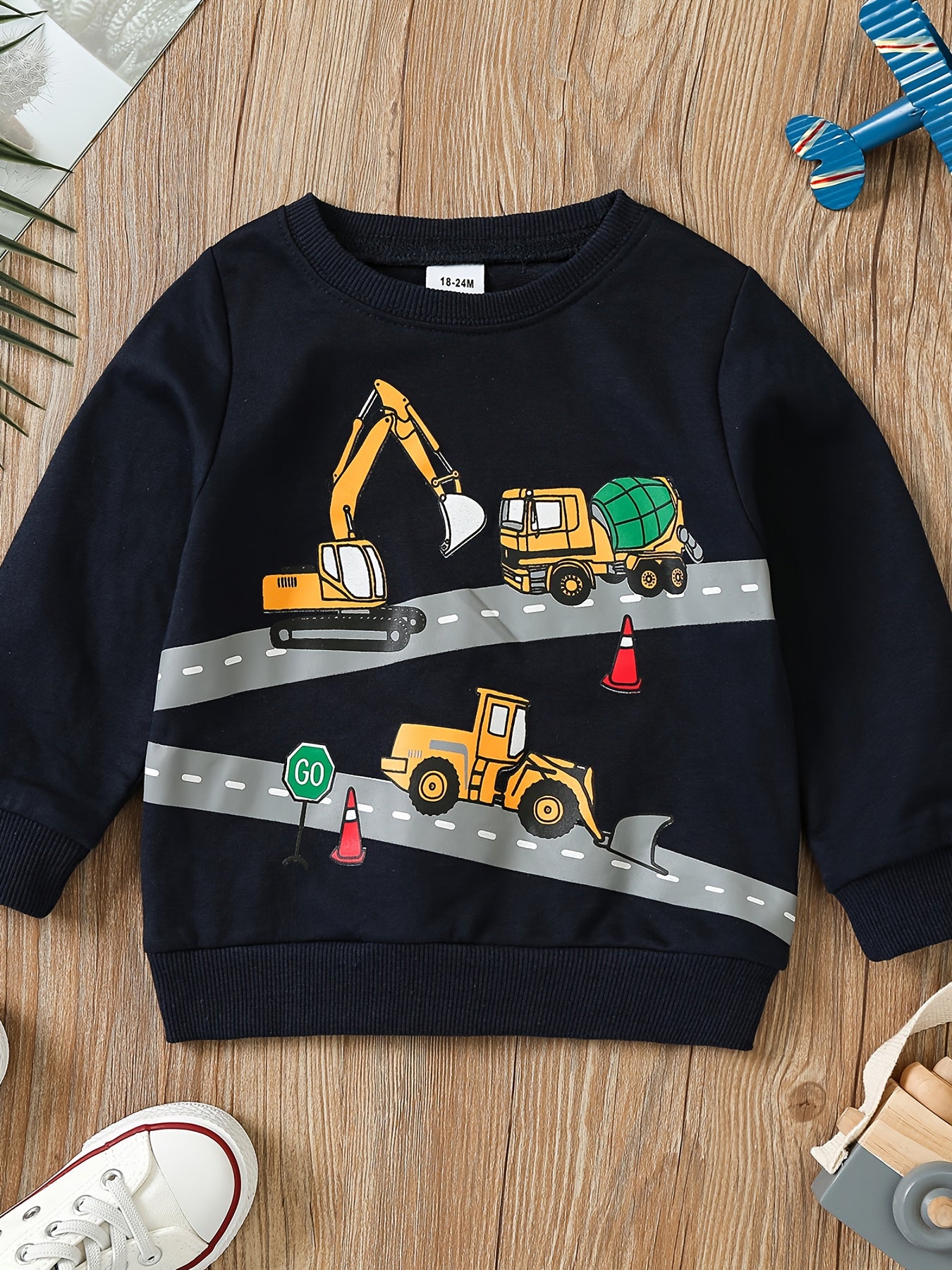 Construction Vehicle Boys Pullover Sweatshirt Long Sleeve Crew Neck