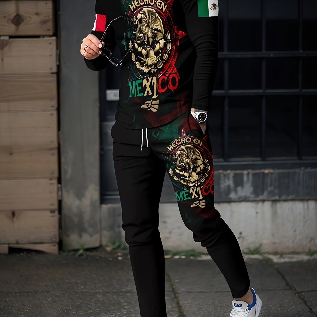 Mex Eagle Pattern Men's 2 Pc Outfits Long Sleeve T-shirt & Sweatpants Set