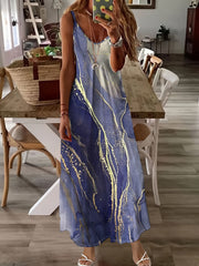 Marble Print Maxi Dress Spaghetti Strap Sleeveless Casual Dress