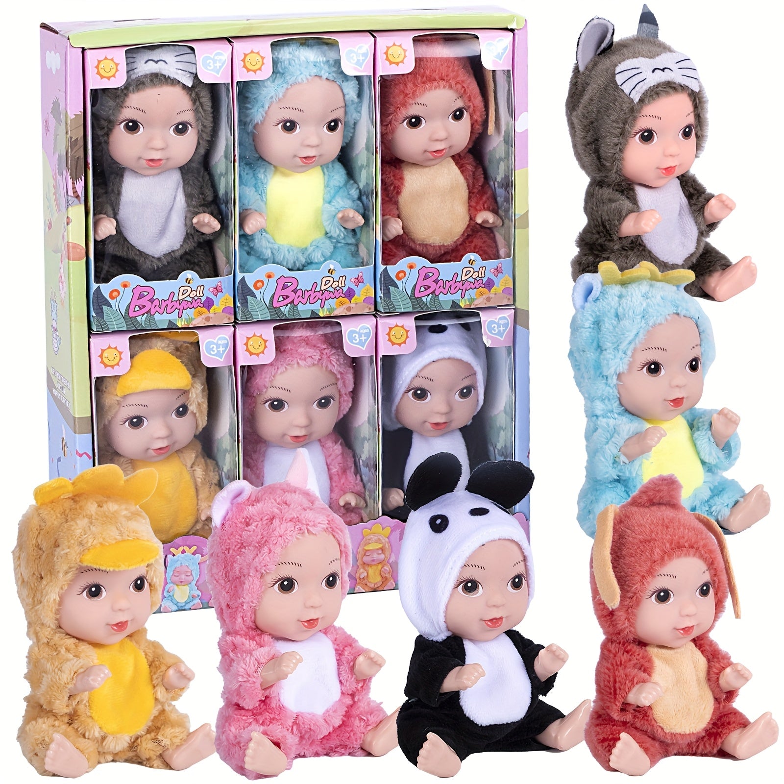 6pcs Animal Costume Dolls 12 Realistic PVC Toys in Red & Yellow Pink