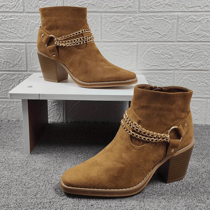 Women's Chain Ankle Boots Side Zipper Block Heeled Shoes