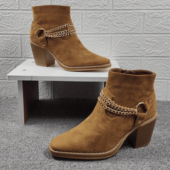 Women's Chain Ankle Boots Side Zipper Block Heeled Shoes