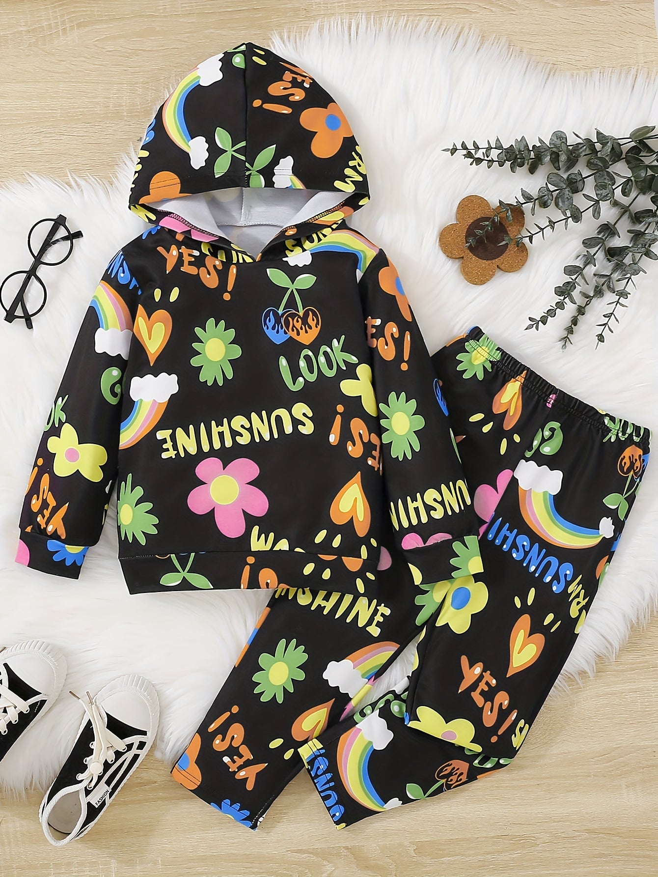 Girl's Cartoon Floral 2pcs Set SUNSHINE Print Casual Outfits for Spring Fall