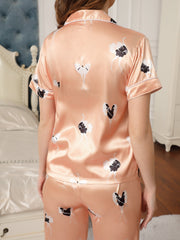 Crane Print Pajama Set Short Sleeve Button Up Top & Elastic Waistband Pants