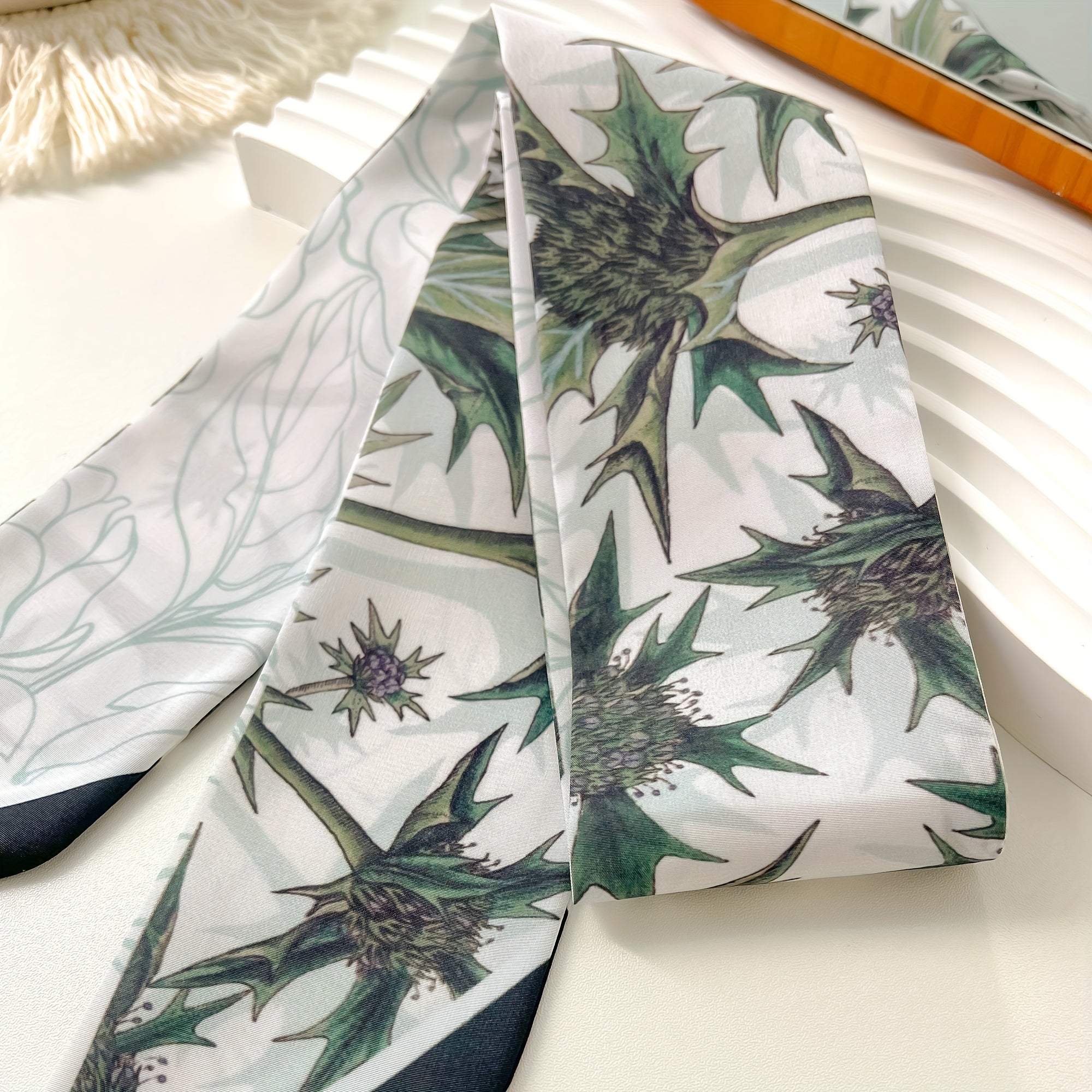 Green Plant Print Skinny Scarf Vintage Silky Long Ribbon Neckerchief
