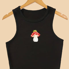 Mushroom & Frog Print Crop Tank Top Sleeveless Casual Top