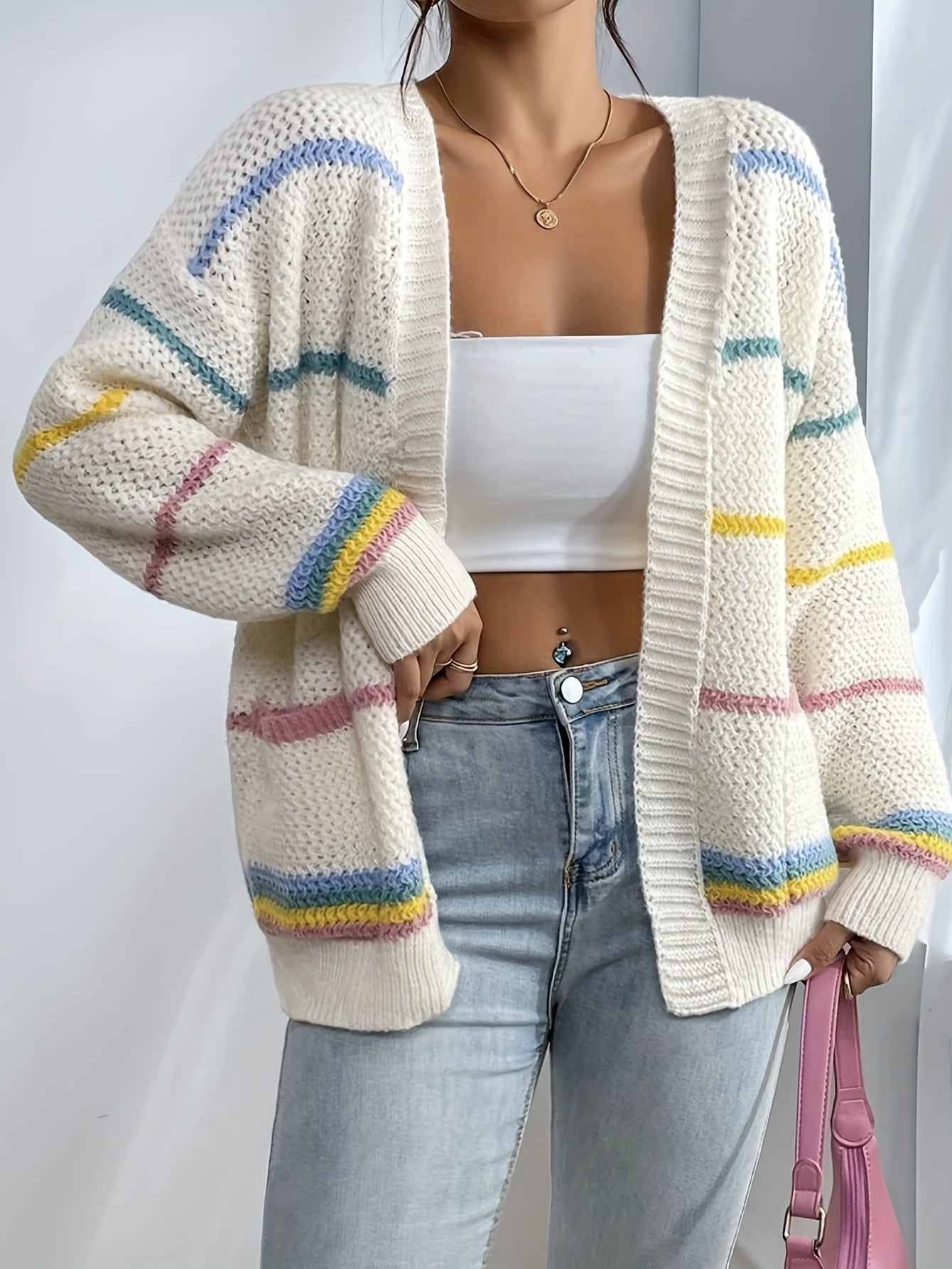 Striped Open Front Pocket Cardigan Long Sleeve Cardigan