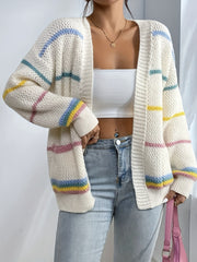 Striped Open Front Pocket Cardigan Long Sleeve Cardigan