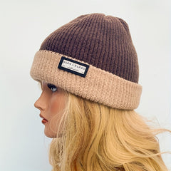 Warm Knit Beanie Hat Patch Block Design Casual Skull Cap