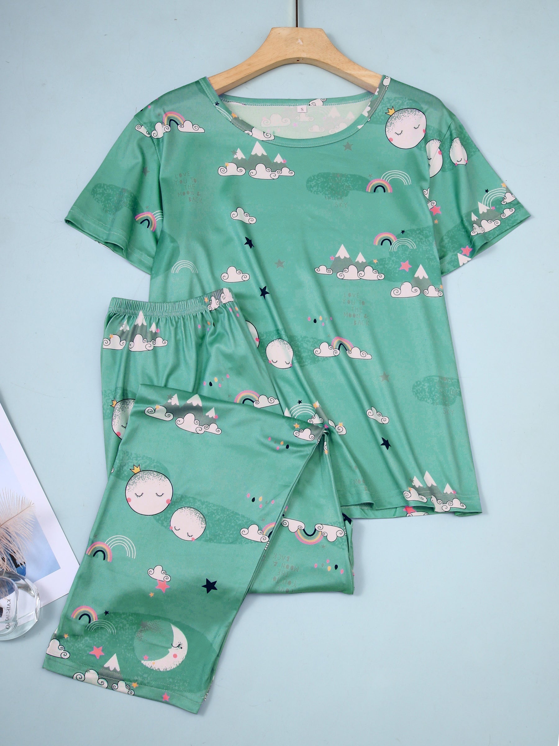 Rainbow & Moon Print Pajama Set Short Sleeve Top & Pants