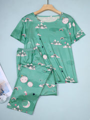 Rainbow & Moon Print Pajama Set Short Sleeve Top & Pants