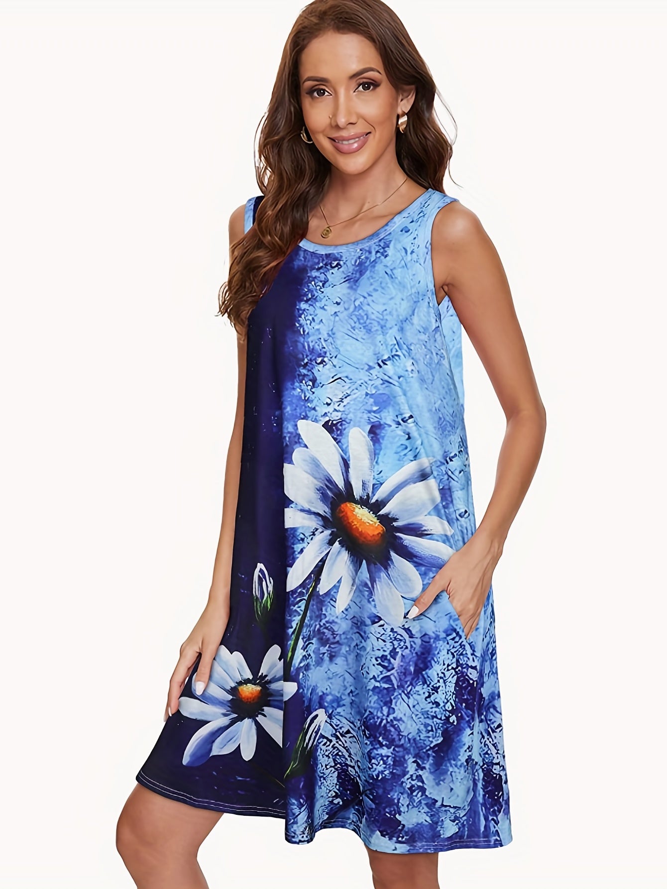 Daisy Print Tie Dye Dress Boho Crew Neck Sleeveless Dress Women's Clothing