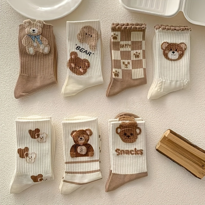 7 Pairs Cartoon Bear Print Socks Women's Stockings & Hosiery
