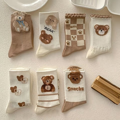 7 Pairs Cartoon Bear Print Socks Women's Stockings & Hosiery