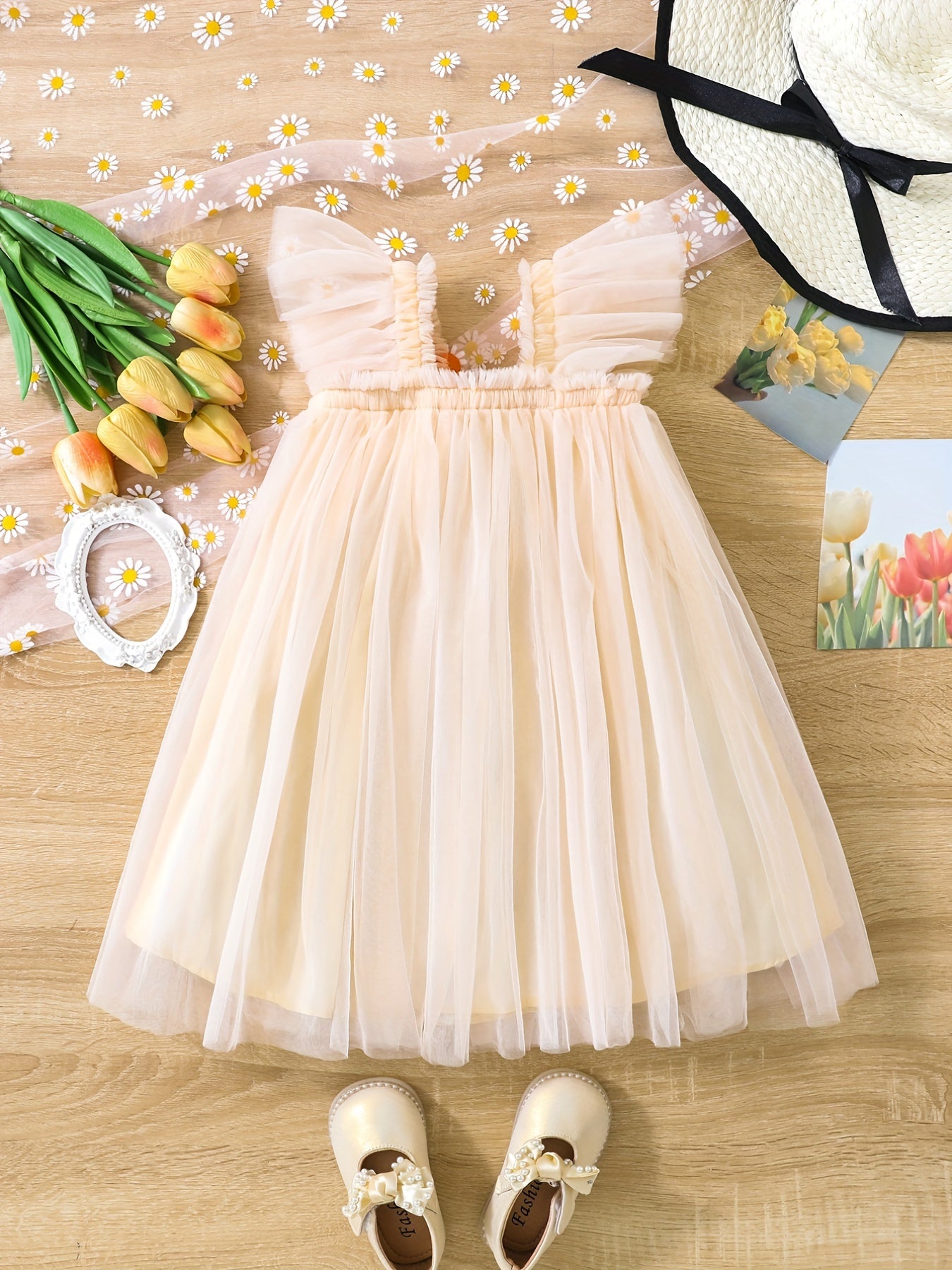 Girls Sweet Princess Mesh Puffy Skirt Ruffle Overall Dress
