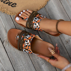 Skull Print Thong Sandals Rivet Detail Summer Flip Flops