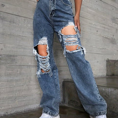 Baggy Denim Pants Ripped Holes Straight Cut
