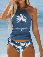 Coconut Tree Tankini Sets Halter Drawstring Tie Swimsuit