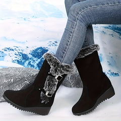 Women's Plush Lined Snow Boots with Buckle Decor