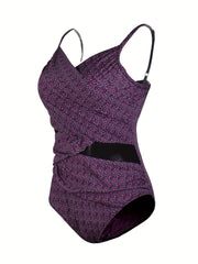Geometric Print V Neck Tummy Control One Piece Swimsuit