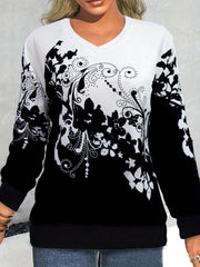 Boho Floral Print V Neck Sweatshirt for Women
