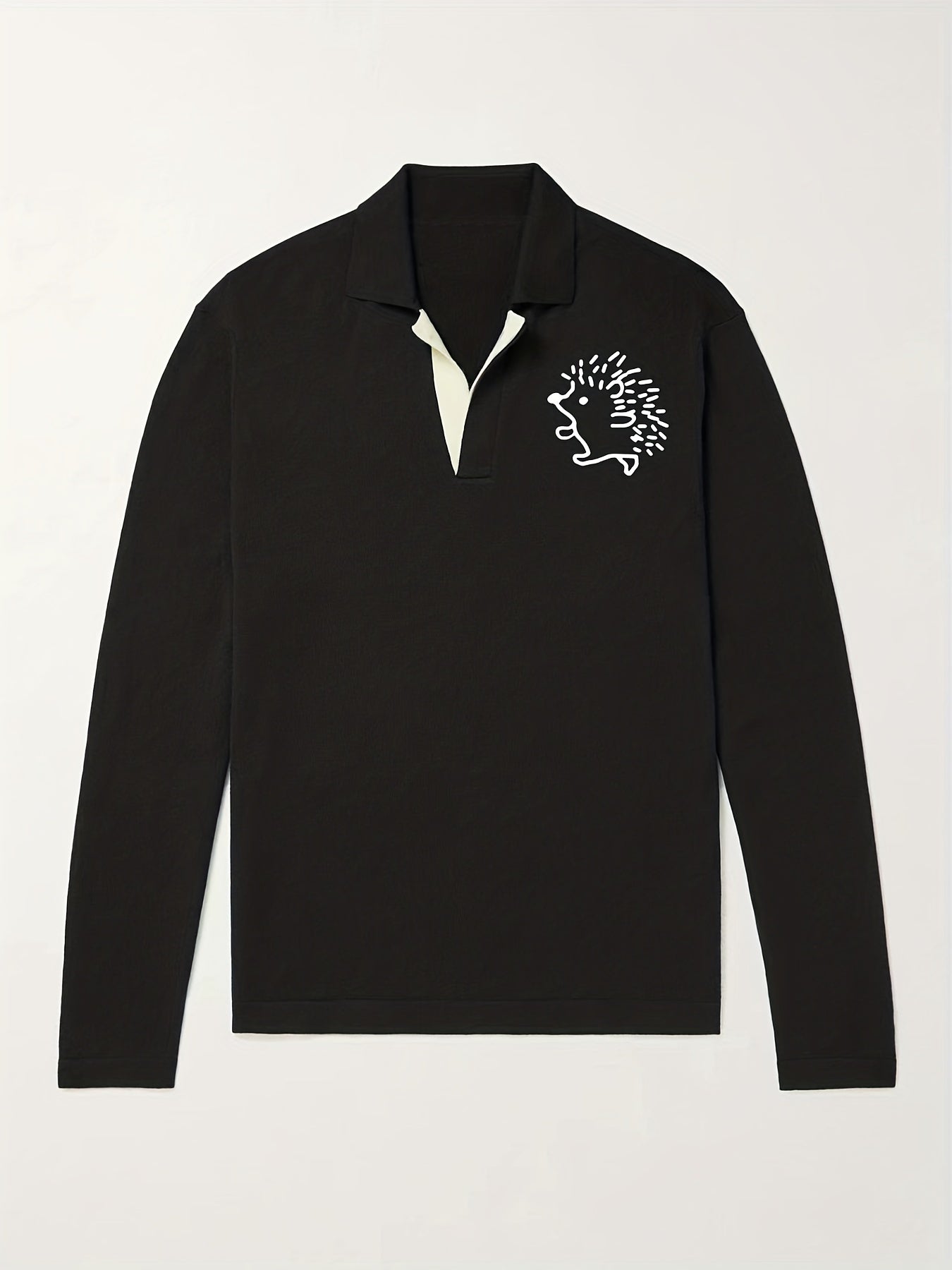 Hedgehog Pattern Knit Polo Shirt Men's Casual V Neck Sweater