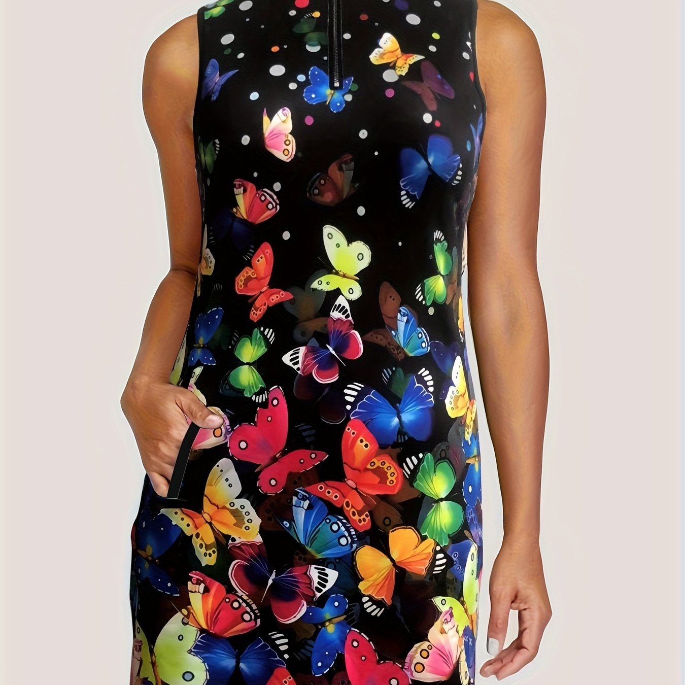 Butterfly Print Zip Up Tennis Dress With Pockets