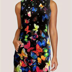 Butterfly Print Zip Up Tennis Dress With Pockets