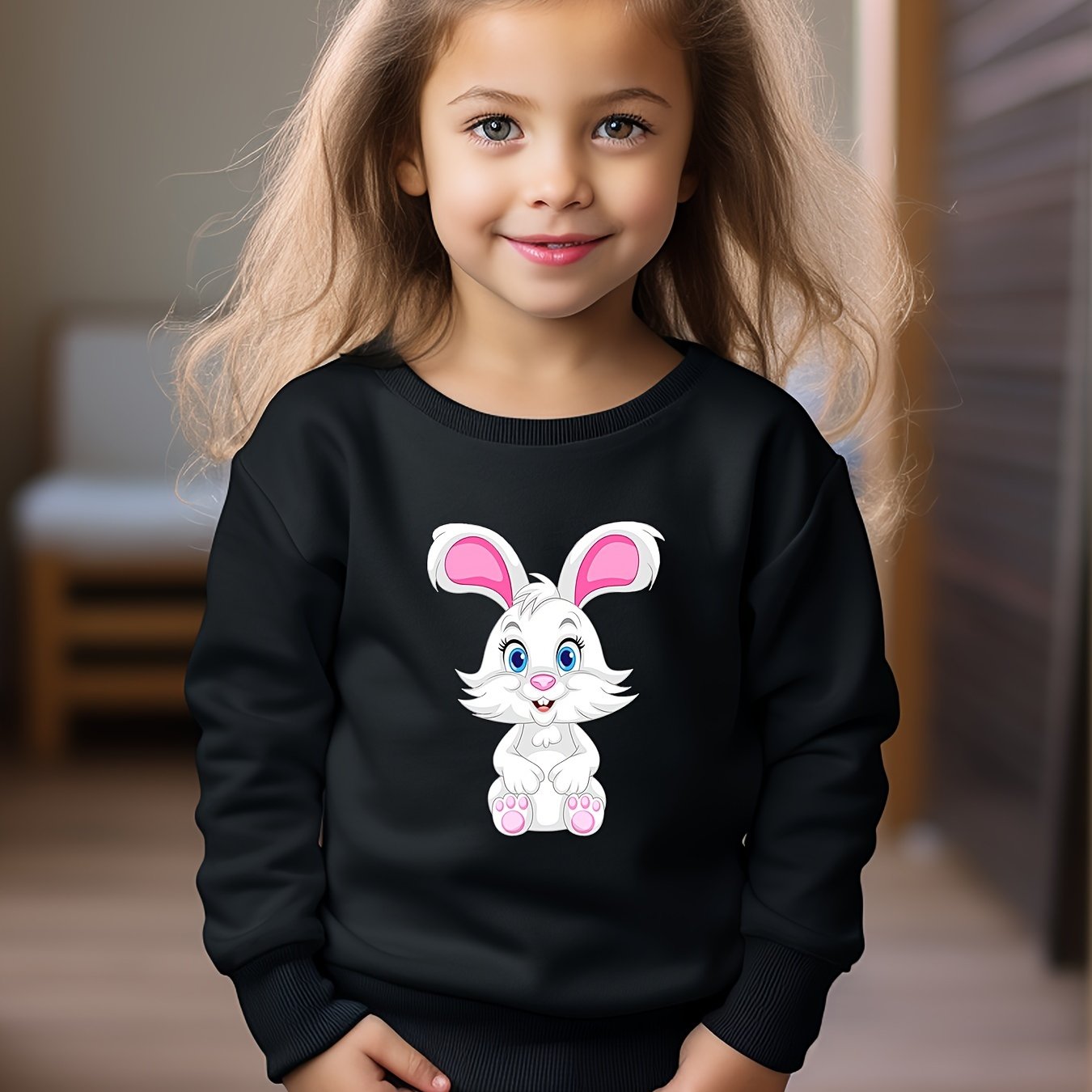 Girls Rabbit Pattern Crew Neck Sweatshirt Spring Fall Christmas Gift